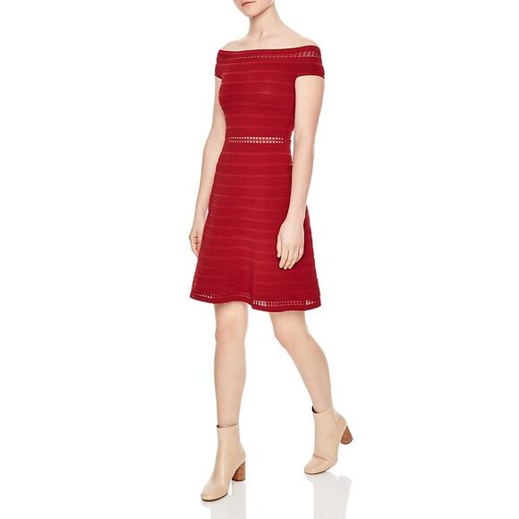 Sandro Masha Off-the-Shoulder Rib Knit Dress Size 8 Red Stretch Knee Length - Picture 2 of 13